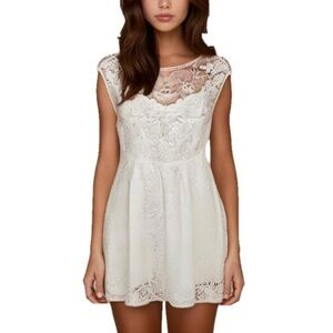 ZARA Cream Lace Bridal Cottage Core Bohemian Summer Mini Dress SZ M
